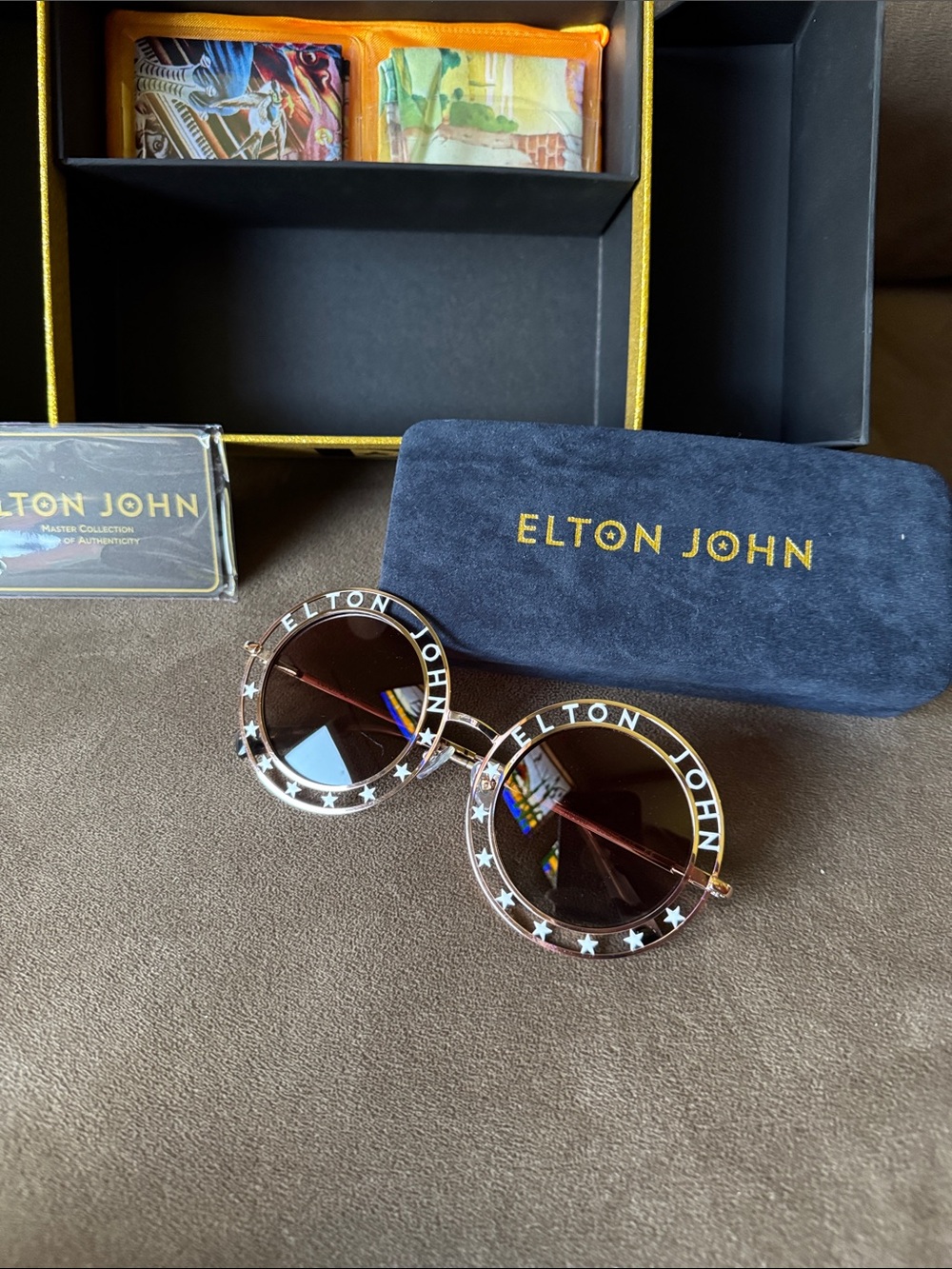 Elton John Unisex Round Logo Sunglasses Brown Brand New w Case Box - Picture 3 of 10